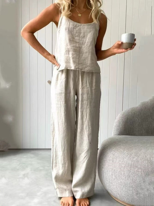 Damen lässiges Leinen-Set mit Trägershirt und weiten Hosen Shopnory