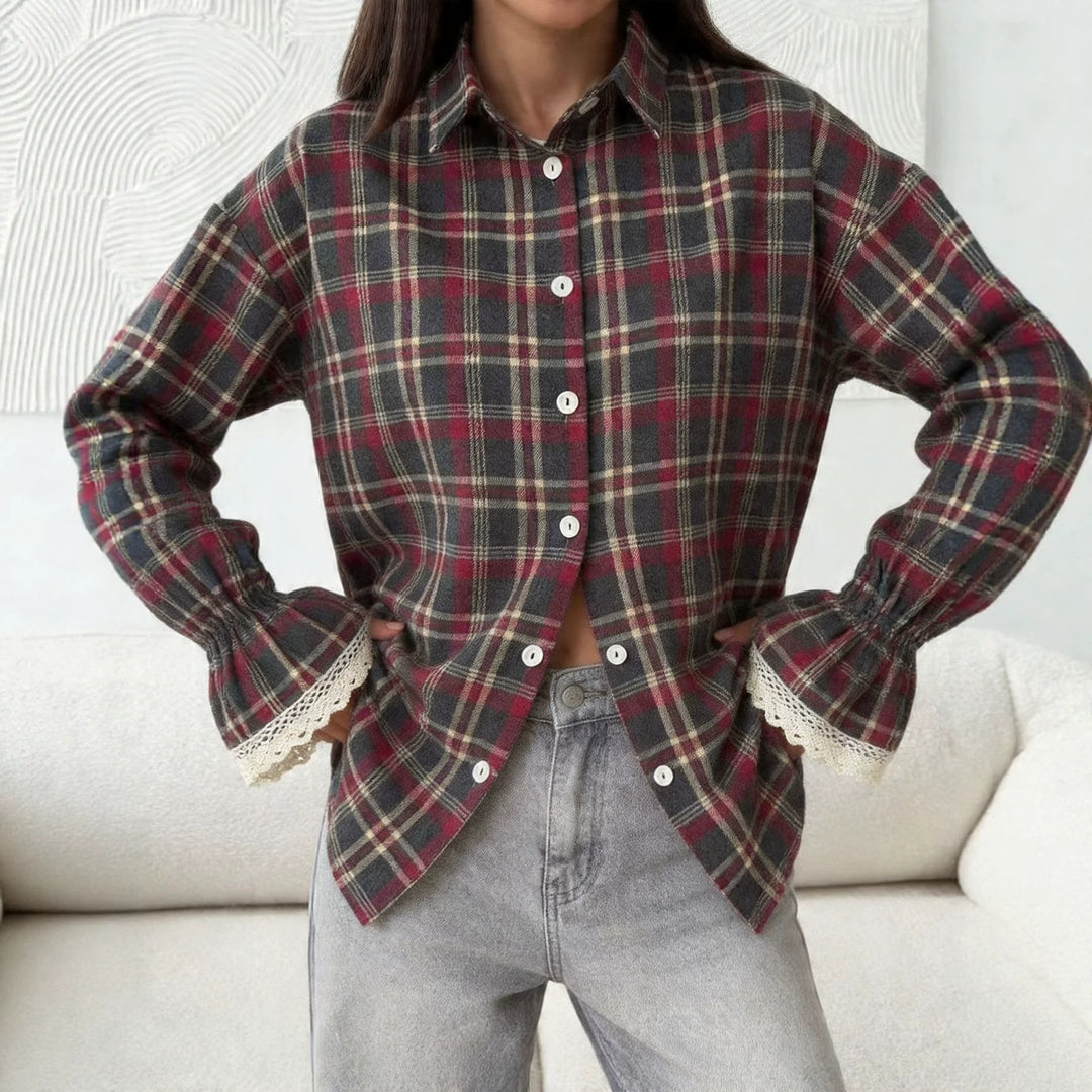 Damen Karo-Hemdbluse mit Spitzenmanschetten und Oversize-Schnitt Shop Nory