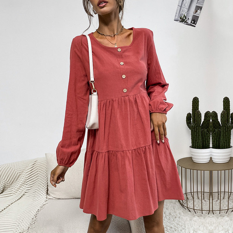 Damen Lockeres Cord-Volantkleid mit Stufenrock & Zierknopfleiste Shop Nory
