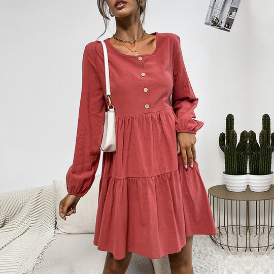 Damen Lockeres Cord-Volantkleid mit Stufenrock & Zierknopfleiste Shop Nory