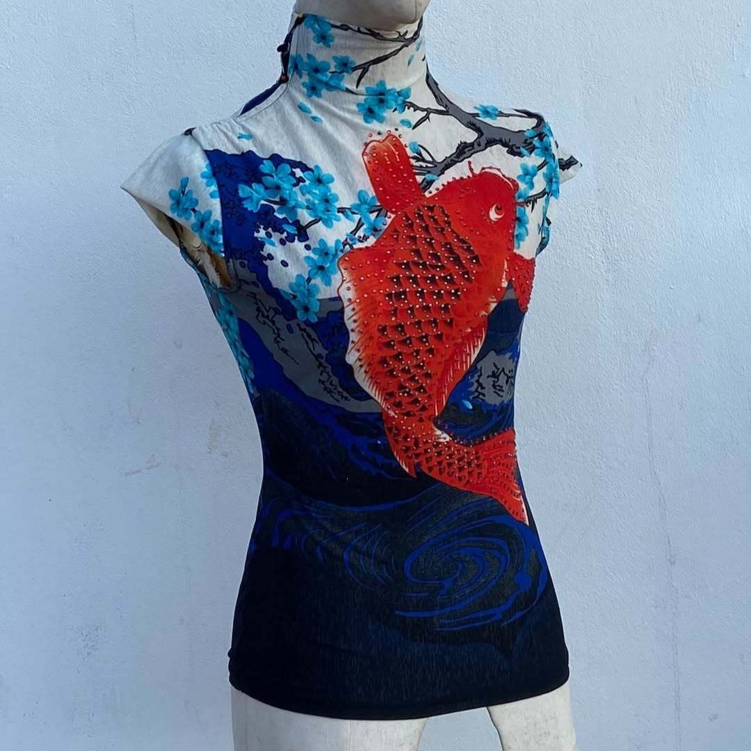 Damen Figurbetontes Oberteil mit einzigartigem Fischmotiv Shopnory
