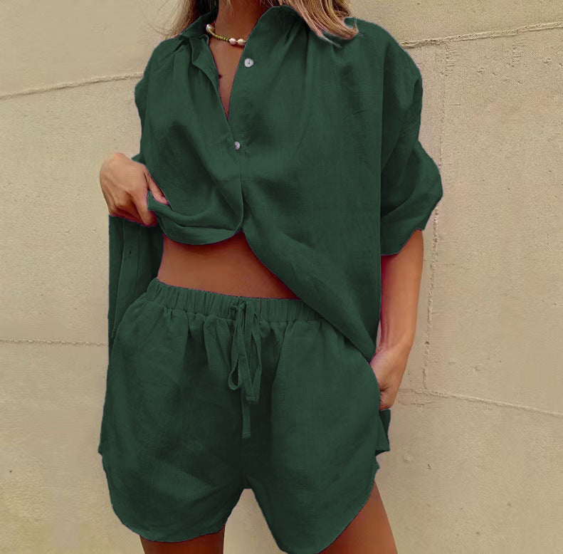Damen luftige Leinenbluse mit Shorts Shopnory