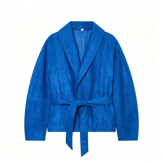 Damen Kurzjacke im Kimono‑Stil aus Veloursoptik mit Schalkragen und Bindegürtel Shop Nory