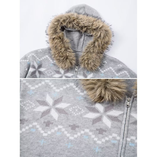Damen Kapuzensweatjacke mit Kunstfell Kragen und Norweger-Muster Shop Nory