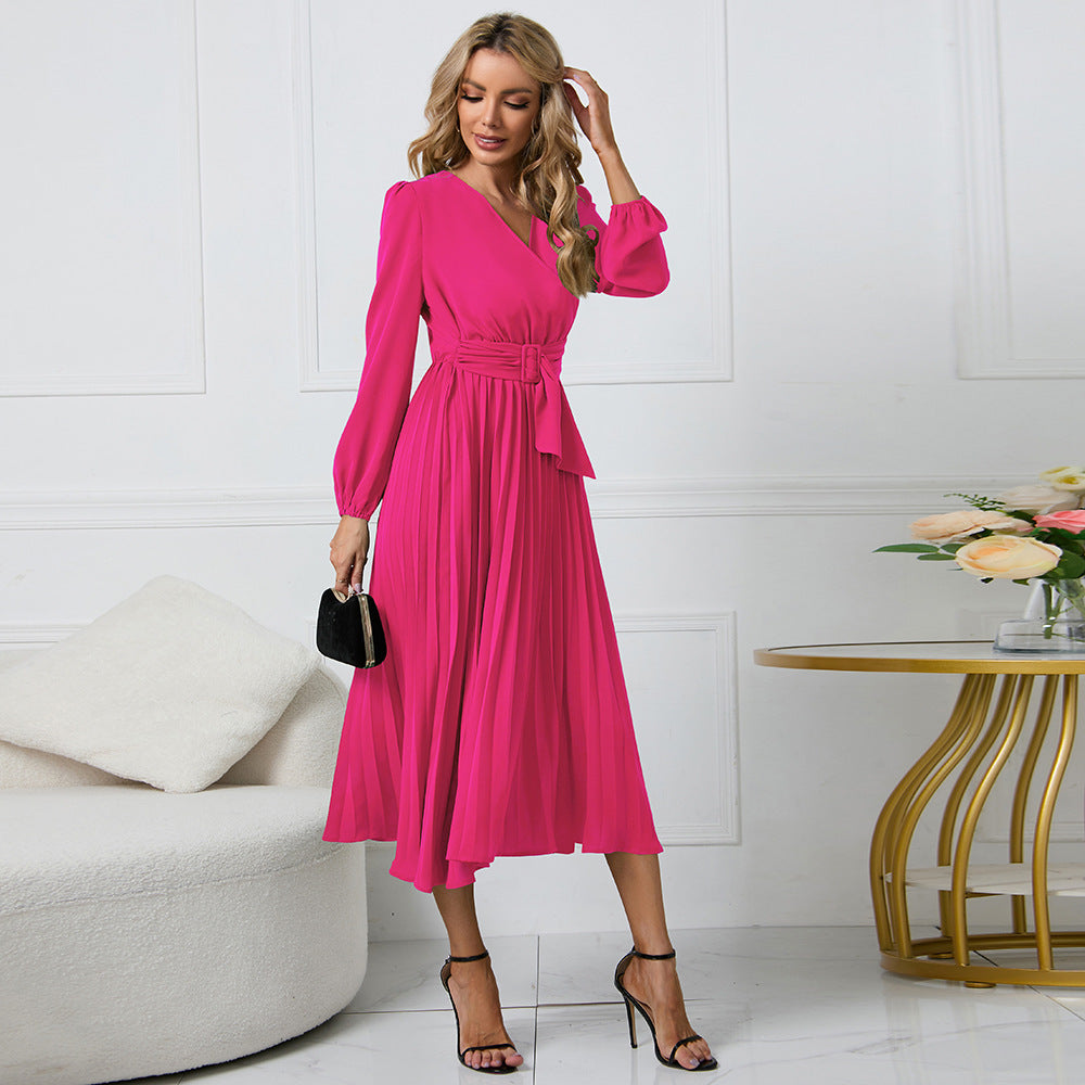 Damen Plissiertes Wickel‑Midikleid mit Taillengürtel und V‑Ausschnitt Shop Nory