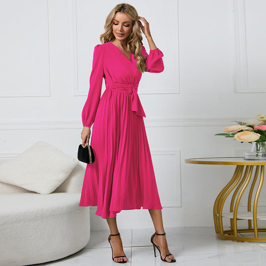 Damen Plissiertes Wickel‑Midikleid mit Taillengürtel und V‑Ausschnitt Shop Nory