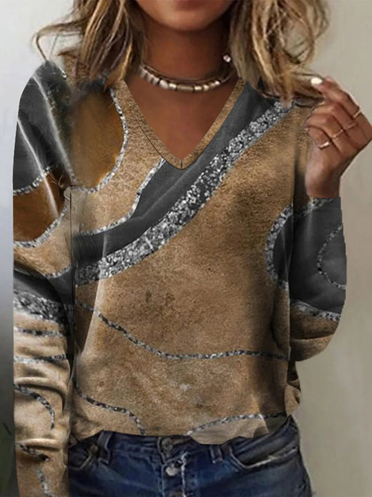 Damen V-Ausschnitt Langarmshirt mit modernem Wellendesign