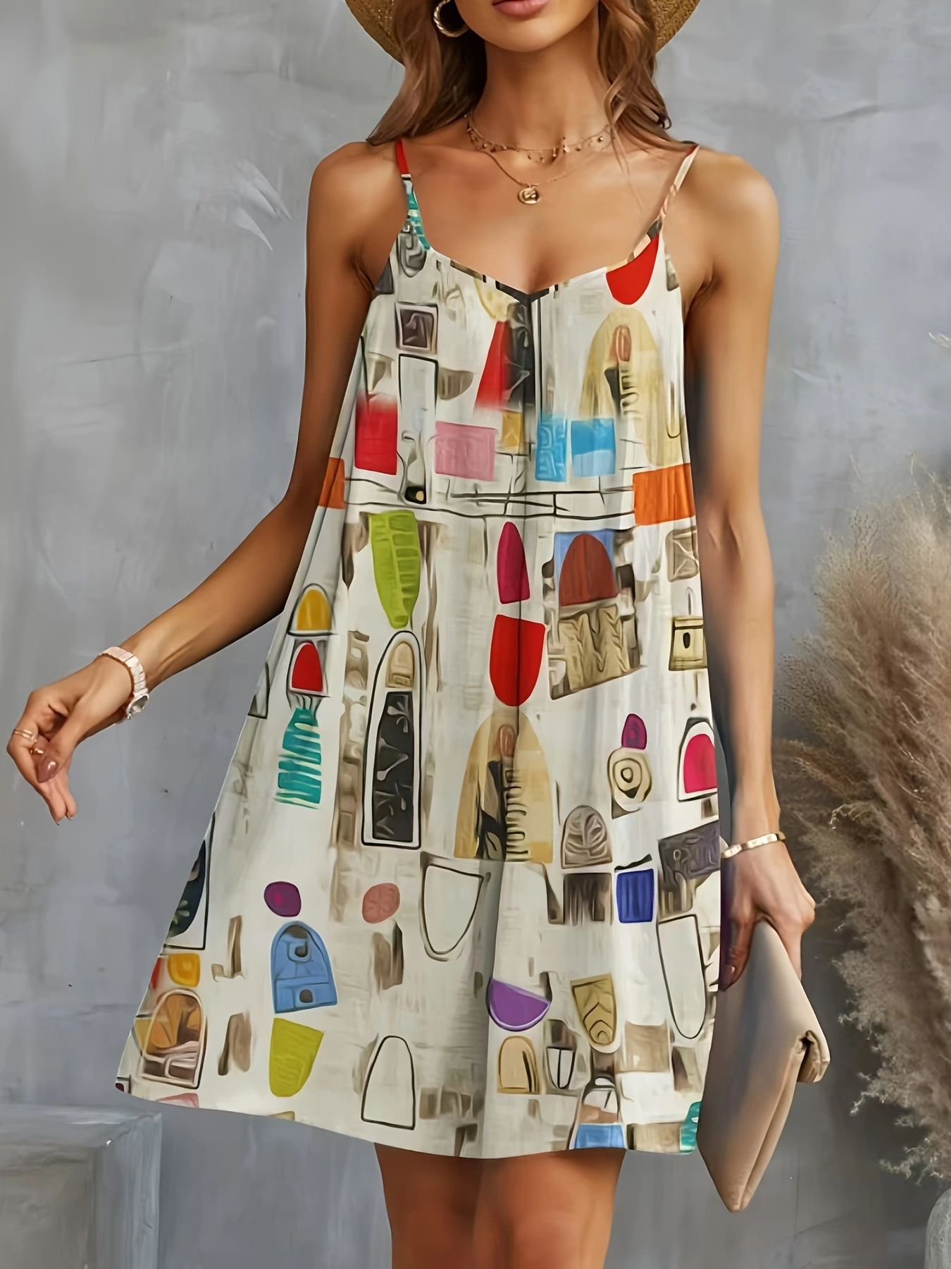 Damen luftiges Sommerkleid mit buntem geometrischem Muster und Kreuzträgern Shopnory