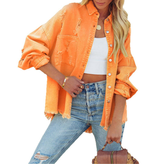 Damen Lässige Oversized Jeansjacke mit fransigen Abschlüssen und dekorativen Knöpfen