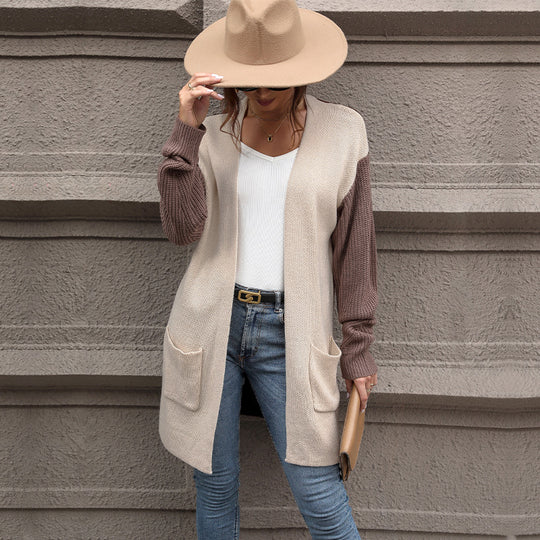 Damen Lange Strickjacke mit Kontrastärmeln und aufgesetzten Taschen Shop Nory