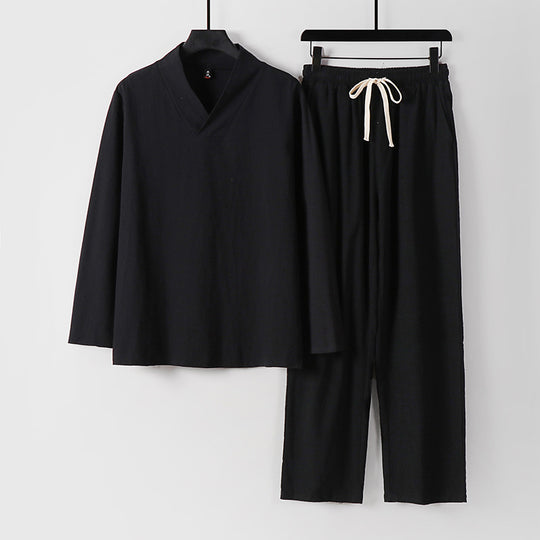 Unisex Zen-inspiriertes Leichtes Loungewear-Set mit V-Ausschnitt-Shirt und Elastischer Kordelbund-Hose Shop Nory