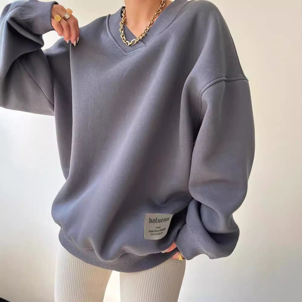 Damen Oversized Sweatshirt mit V-Ausschnitt und geripptem Kragen Shop Nory