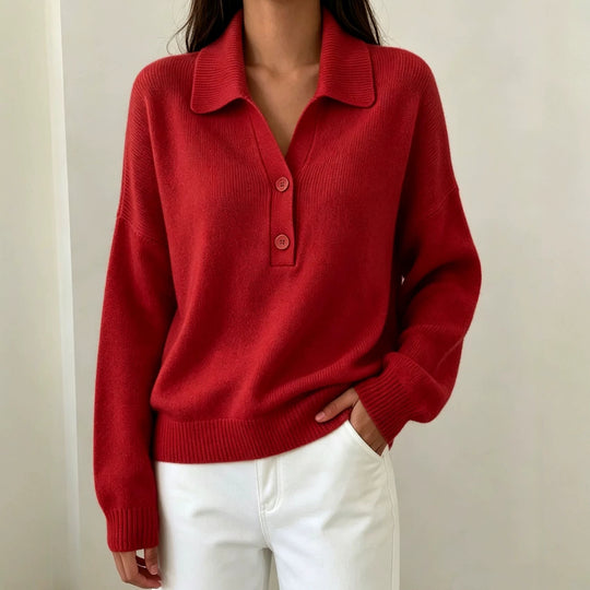 Damen Polokragen-Pullover mit halber Knopfleiste und geripptem Saum Shop Nory