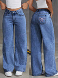 Damen Weit geschnittene Jeans mit kräftigen Kontrastnähten und verspielt gestickten Taschen