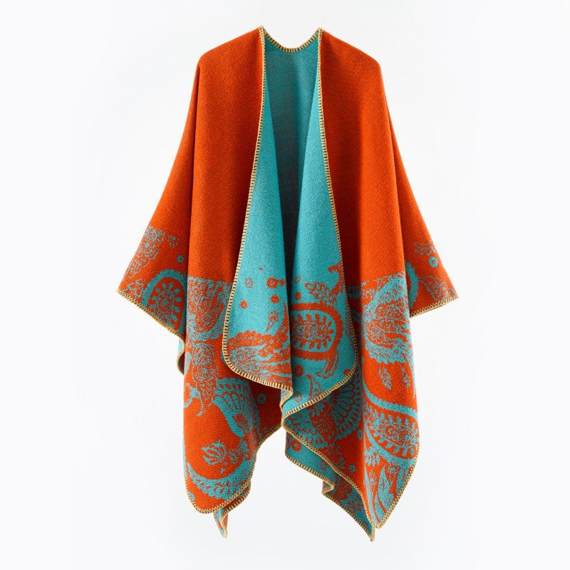 Damen Reversibler Jacquard-Capeponcho aus Wollmix mit Paisley-Motiv und offenem Fall Shop Nory