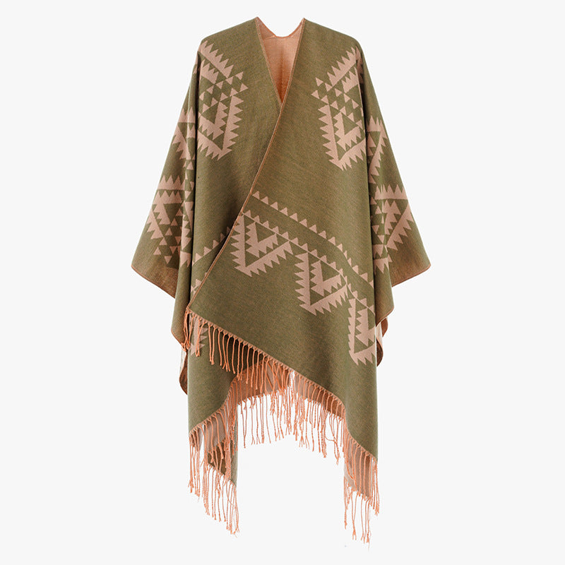 Damen Grobgewebter Jacquard-Umhang im Oversize mit Zipfelsaum und Fransensaum Shop Nory