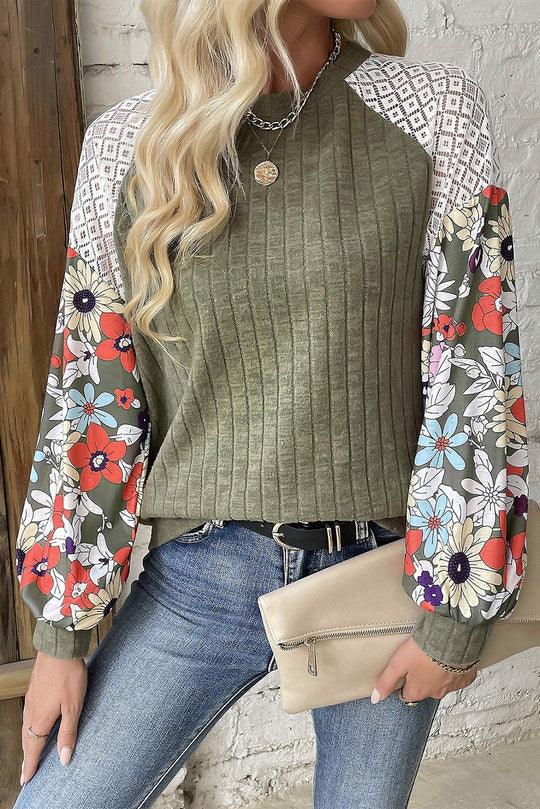 Damen Pullover mit Rippenstruktur, Häkel-Raglan und geblümten Ballonärmeln Shop Nory