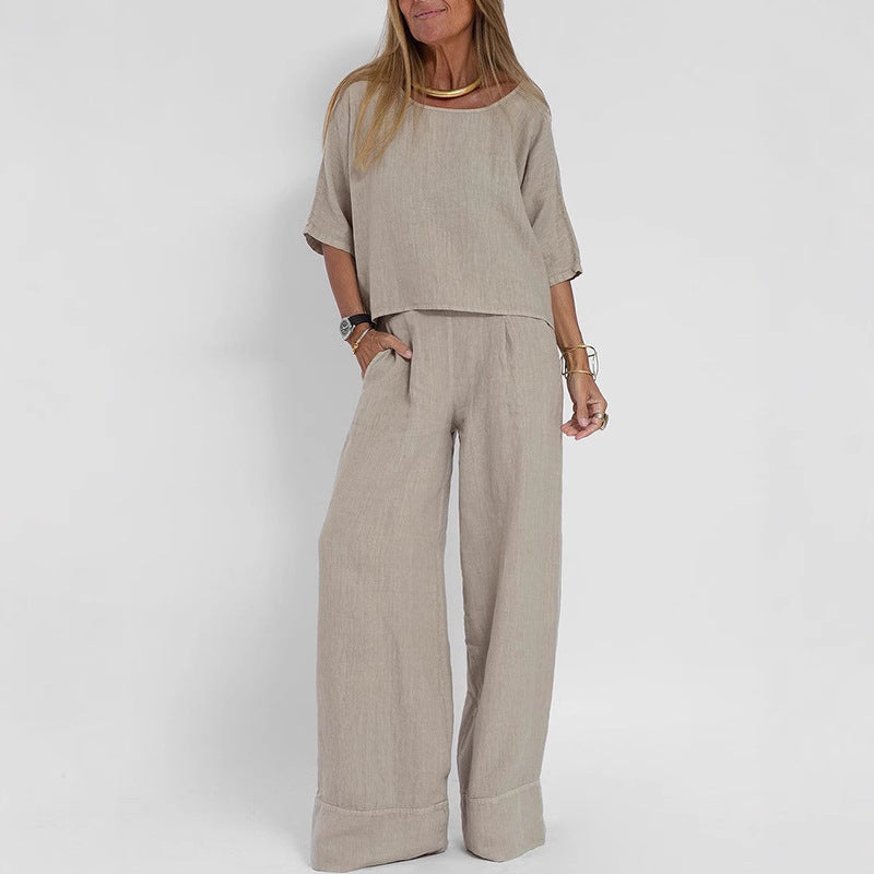 Damen luftiges Leinen-Ensemble mit weitem Schnitt und praktischen Taschen