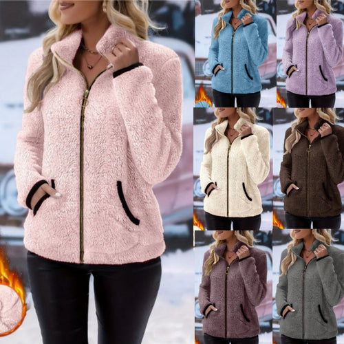 Damen Thermo-Sherpa-Fleecejacke mit Stehkragen, Kontrastkanten und Ringzipper Shop Nory
