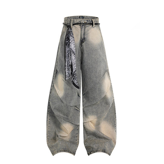 Damen Extraweite Distressed-Jeans im Baggy‑Schnitt mit Batik‑Wash und Tuchgürtel Shop Nory