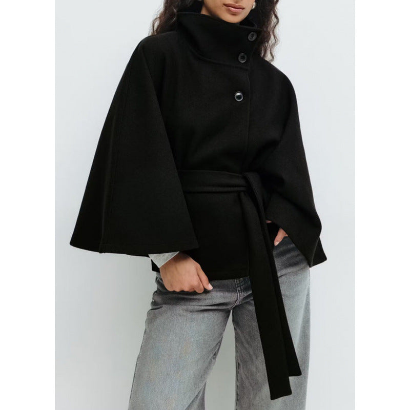 Damen Wollmantel im Cape‑Stil mit Stehkragen und Taillengürtel Shop Nory