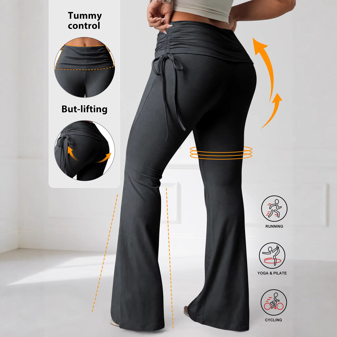 Damen High-Waist Flared-Yogahose mit seitlicher Raffnaht und Kordelzug Shopy Nory