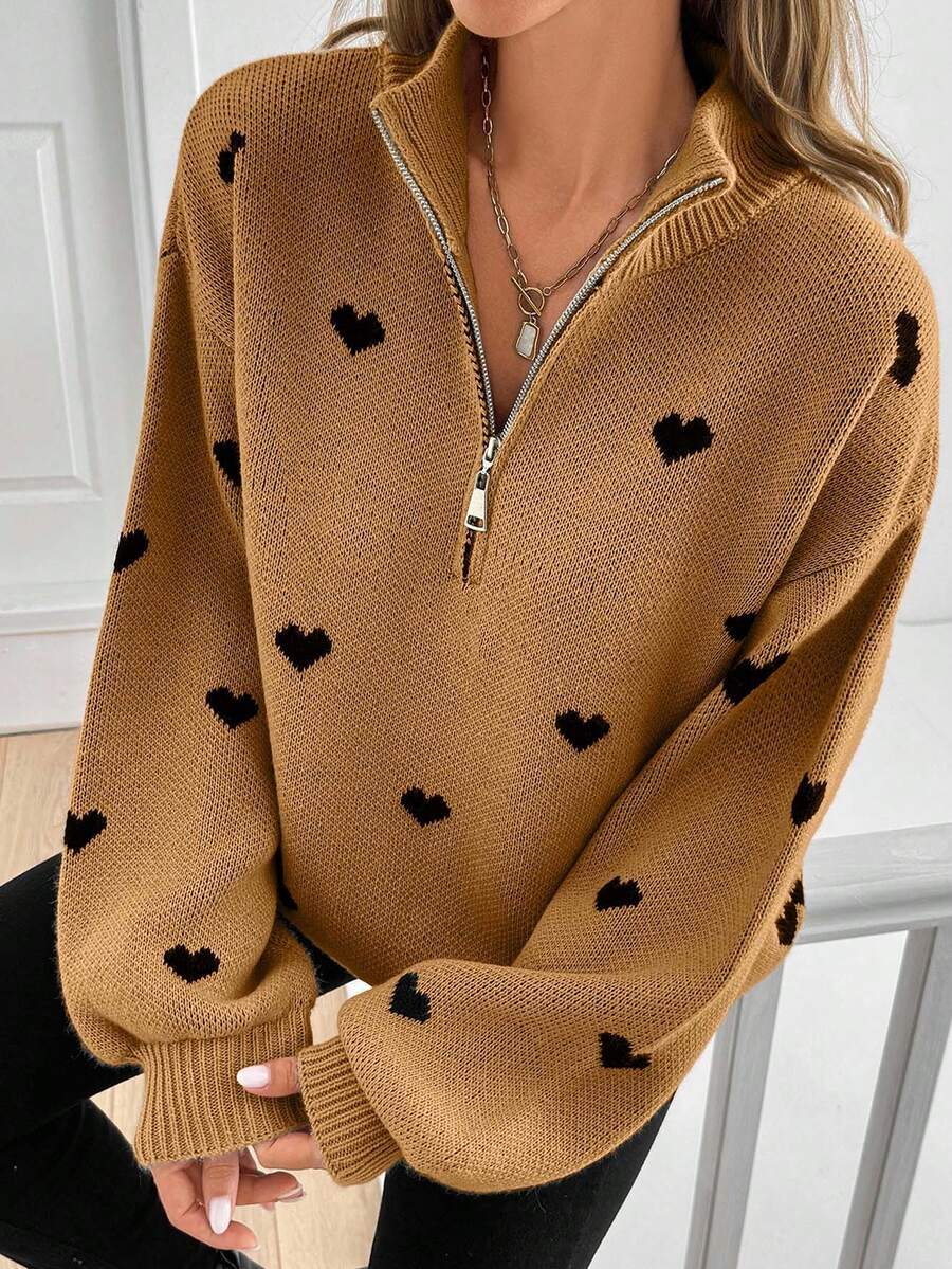 Damen Oversize Strickpullover mit Half-Zip und Herzmotiv Shop Nory