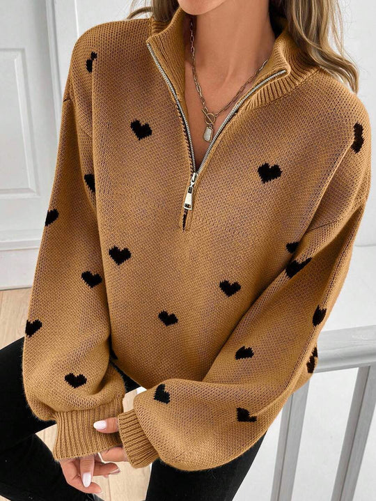 Damen Oversize Strickpullover mit Half-Zip und Herzmotiv Shop Nory