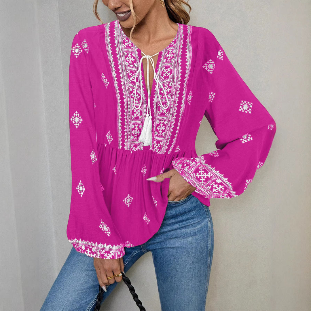 Damen Bestickte Boho-Tunika-Bluse mit Quastenbändern und stufigem Saum Shop Nory