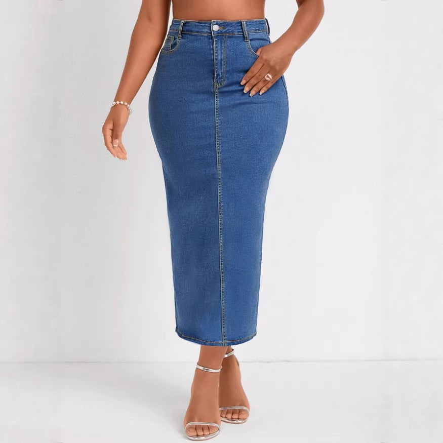 Damen Taillenhoher Stretch-Denim-Midirock mit sichtbarer Mittelnaht und Five-Pocket-Design Shop Nory