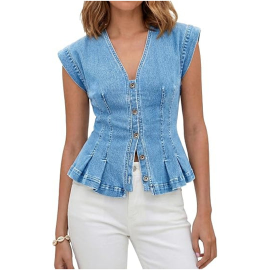 Damen Tailliertes Jeans-Top mit Schößchen und Knopfleiste Shop Nory
