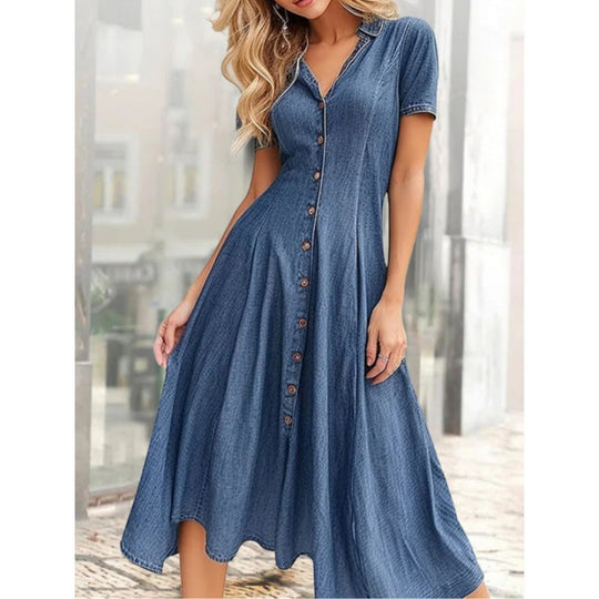 Damen Knopf-Up Denim Midi Kleid