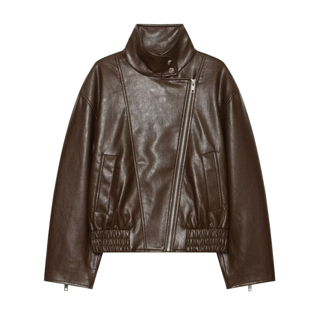 Damen taillierte Lederoptik-Bikerjacke mit hohem Funnelkragen Shop Nory