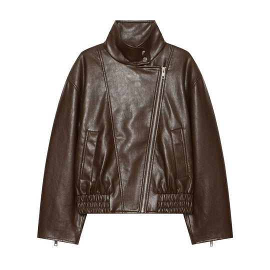 Damen taillierte Lederoptik-Bikerjacke mit hohem Funnelkragen Shop Nory