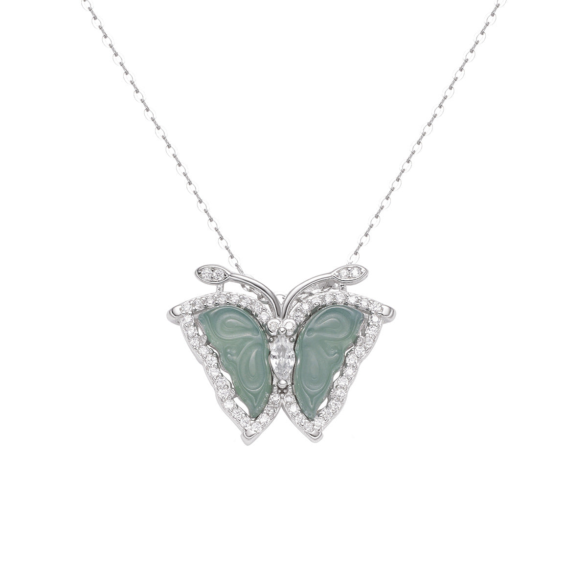 Damen Halskette mit kunstvollem Schmetterlingsanhänger aus grünem Jade und funkelnden Zirkonia Shop Nory