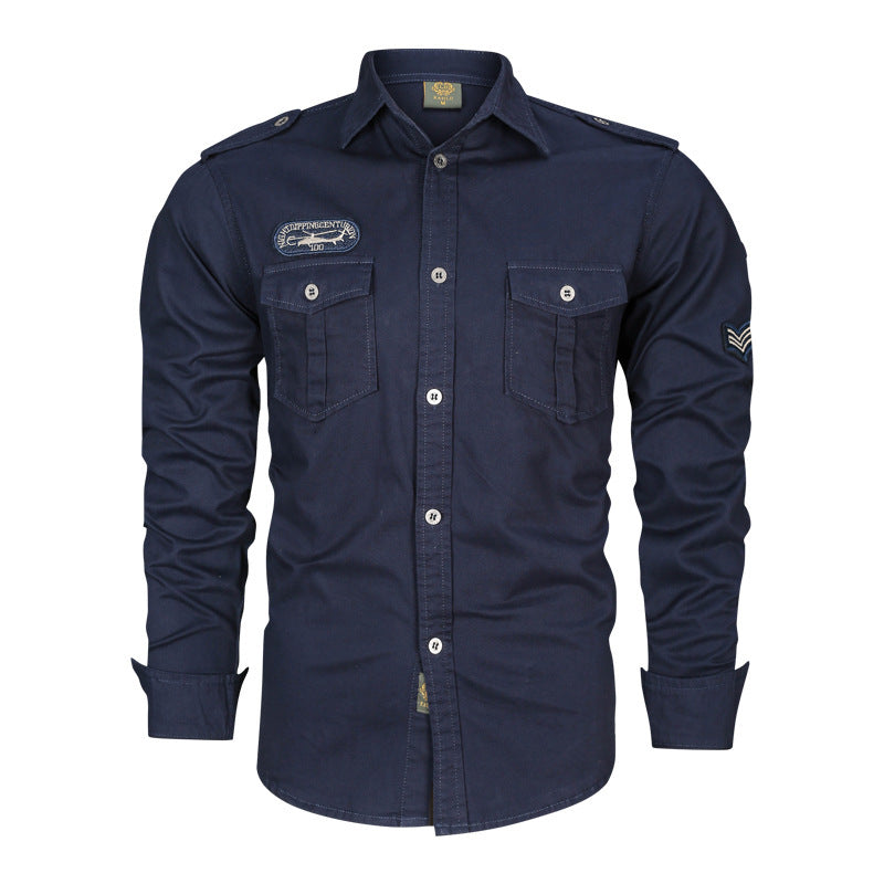 Herren Militärisches Baumwollhemd mit Schulterklappen, Pattentaschen und Stickpatches Shop Nory