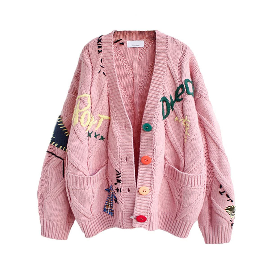 Damen Stylischer Strickcardigan mit bunten Knöpfen und aufwendigem Design