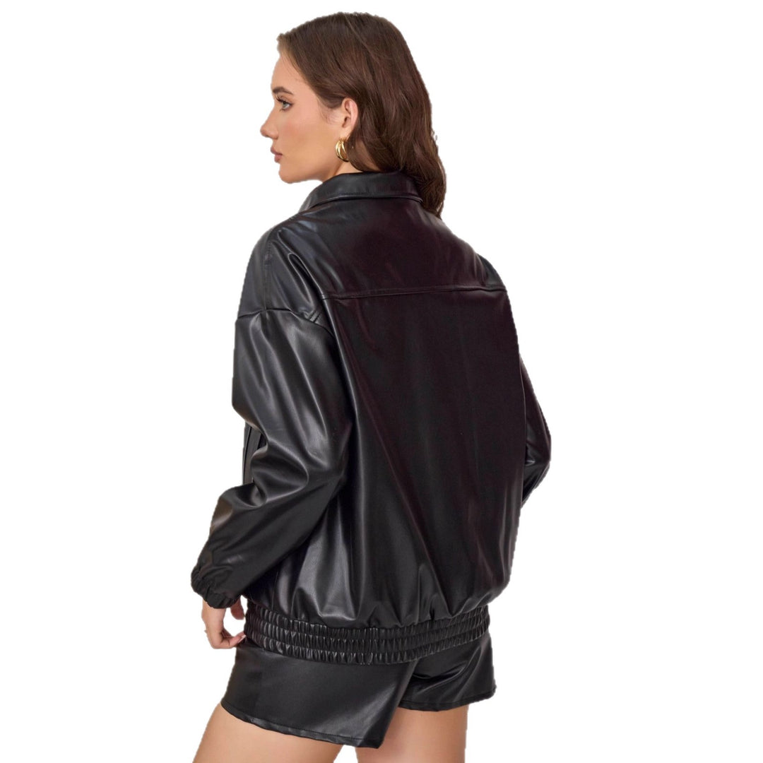 Damen Kurze Oversize Kunstlederjacke mit Reverskragen und Ballonärmeln Shop Nory