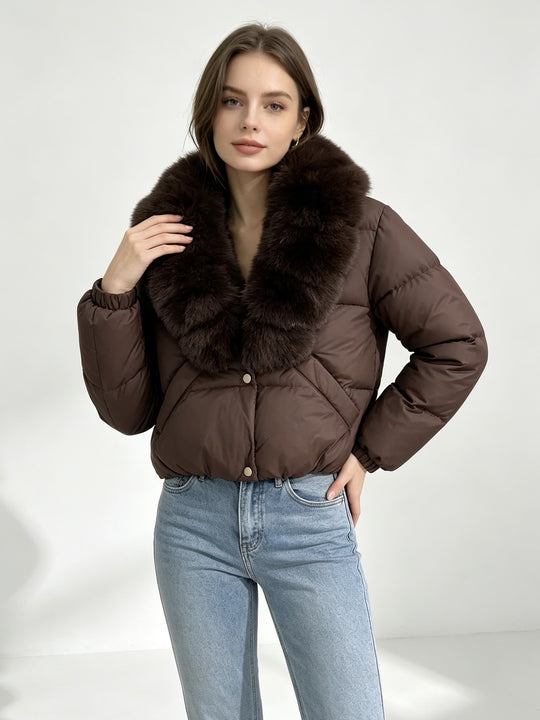 Damen nan kurze wattierte Cropped-Jacke mit extra voluminösem Kunstpelz-Schalkragen und elastischen Bündchen Shop Nory