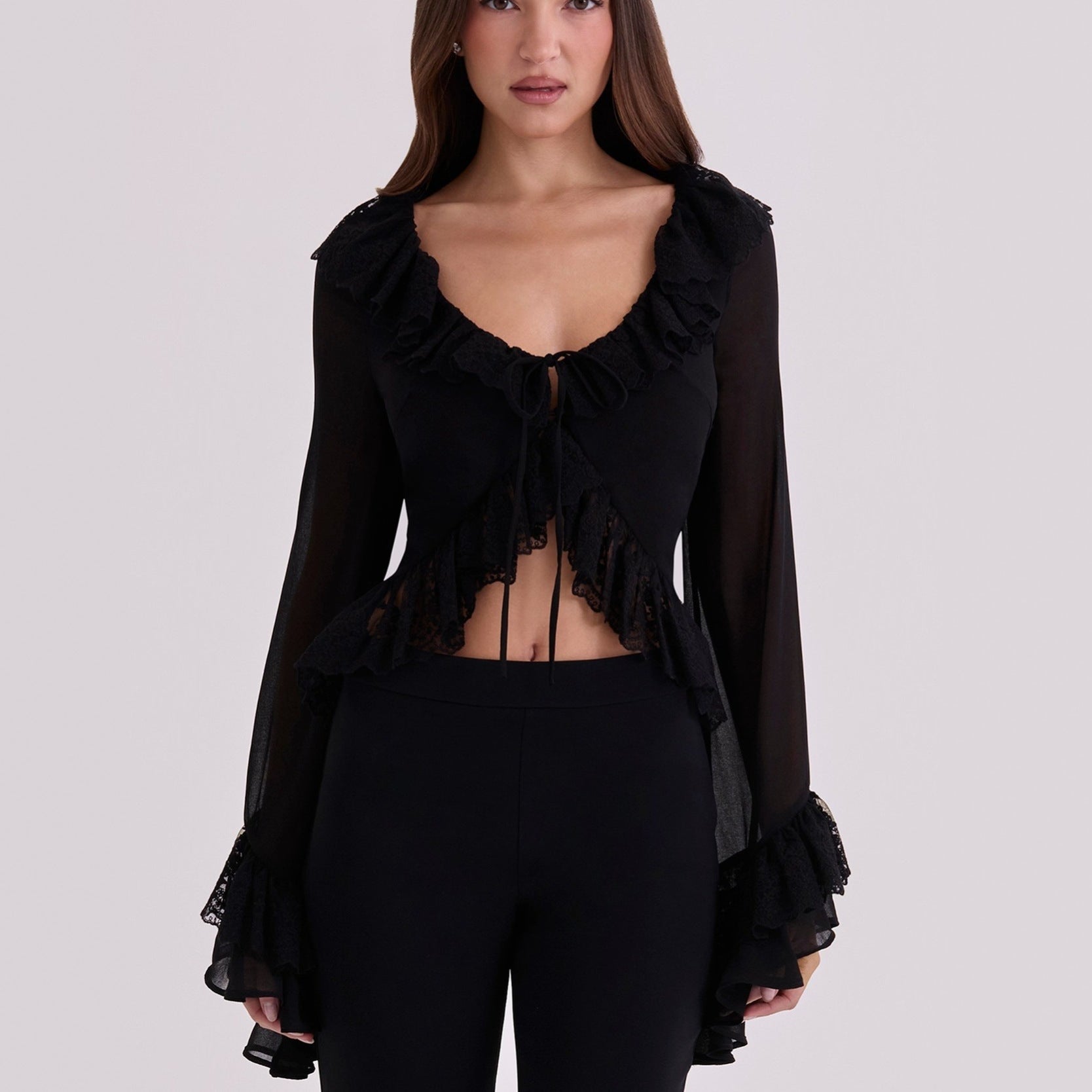 Damen Chiffon-Bluse mit Spitzenbesatz Shopnory