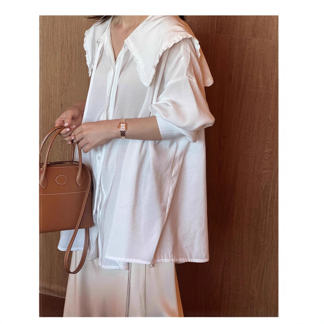 Damen Oversize-Hemdbluse mit großem Rüschenkragen und Krempelärmeln Shop Nory