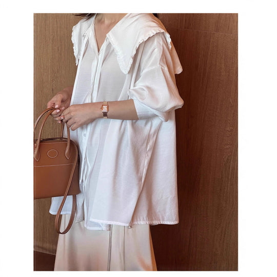 Damen Oversize-Hemdbluse mit großem Rüschenkragen und Krempelärmeln Shop Nory