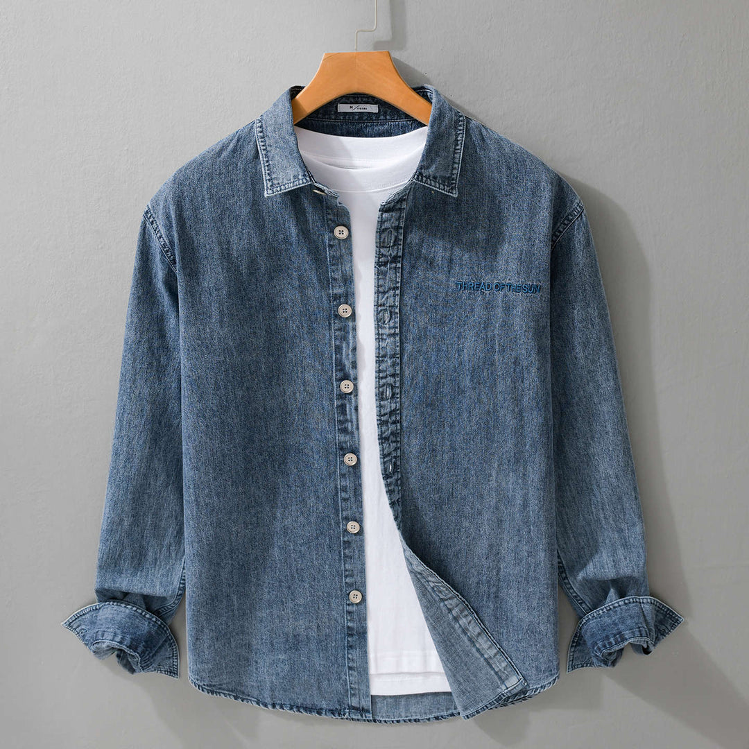 Herren entspanntes Denim-Overshirt mit Knopfleiste und Bruststickerei Shop Nory