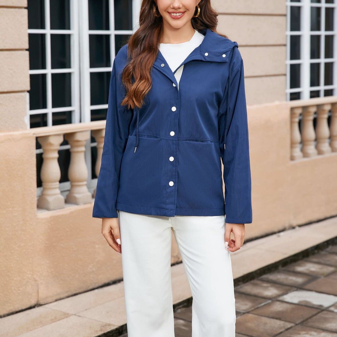 Damen Wasserabweisende Kapuzenjacke mit Druckknopf-Front, Tunnelzug und Eingrifftaschen Shop Nory