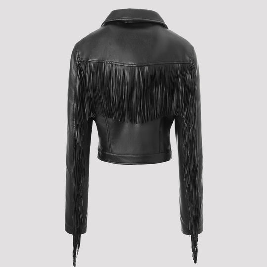Damen Kurz geschnittene taillierte Bikerjacke aus Kunstleder mit Fransen an den Ärmeln und asymmetrischem Reißverschluss Shop Nory