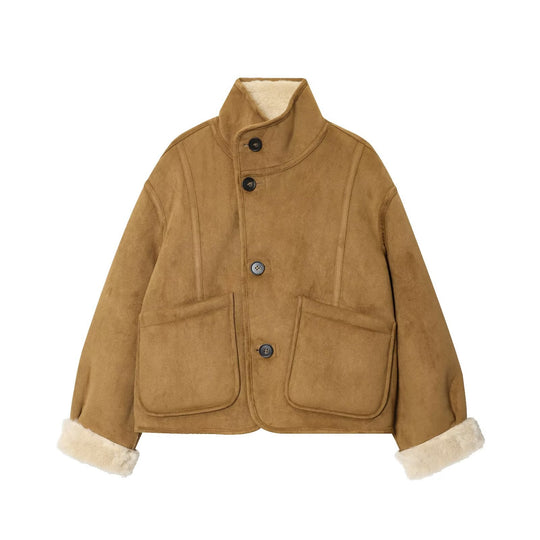 Damen Kurzjacke im Lammfell‑Look mit hohem Stehkragen und aufgesetzten Taschen Shop Nory
