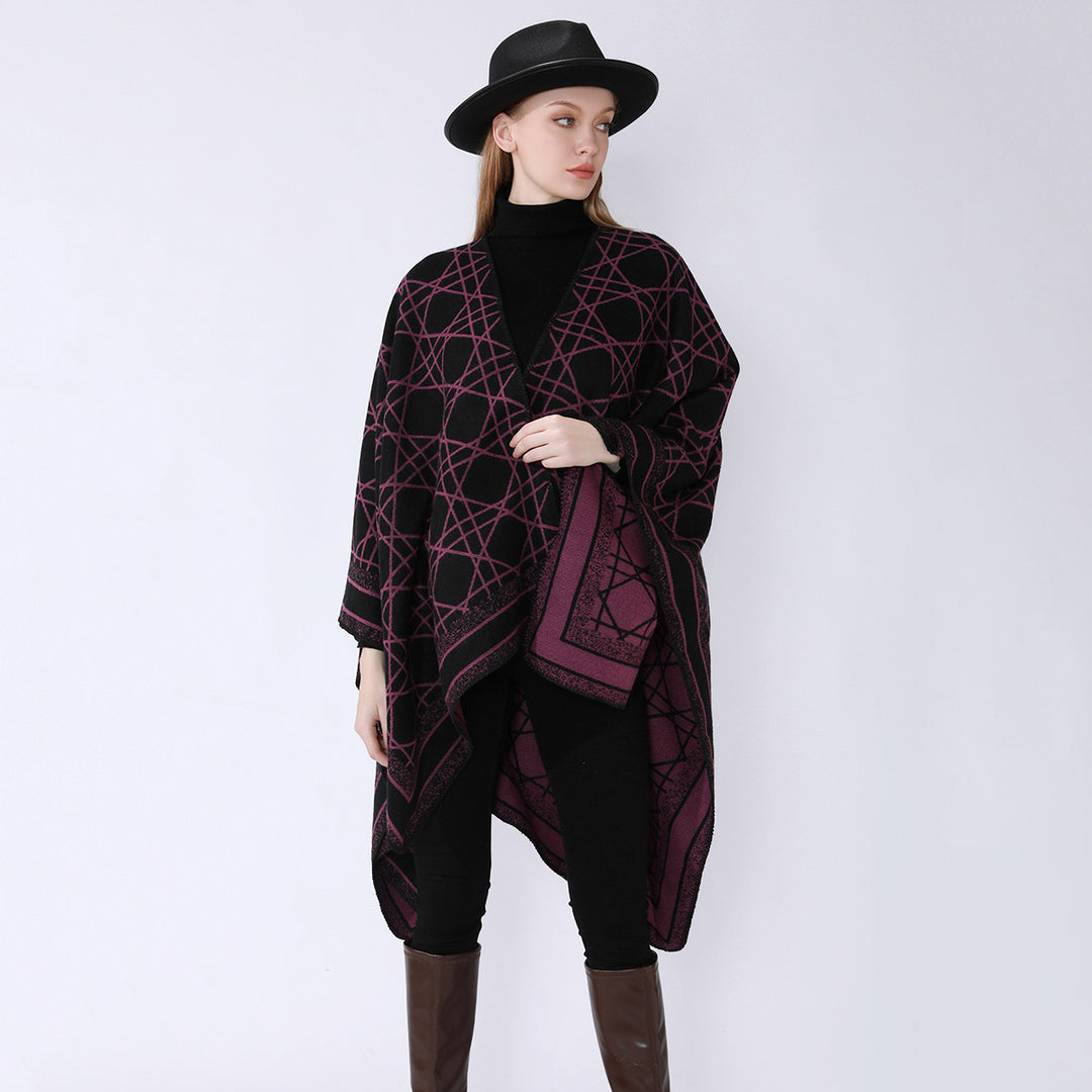 Damen Wendbarer Jacquard-Capeponcho mit geometrischem Allovermuster und offenem Kimono-Fall Shop Nory