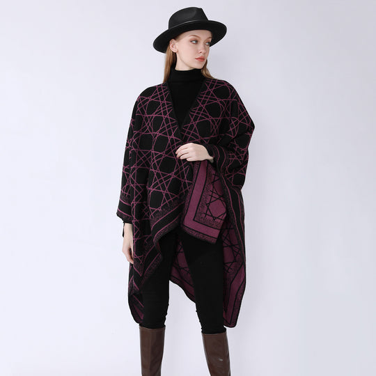 Damen Wendbarer Jacquard-Capeponcho mit geometrischem Allovermuster und offenem Kimono-Fall Shop Nory