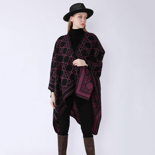 Damen Wendbarer Jacquard-Capeponcho mit geometrischem Allovermuster und offenem Kimono-Fall Shop Nory