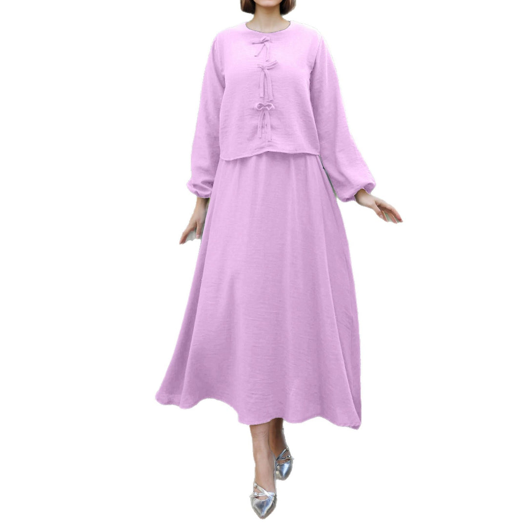 Damen Langes Zweiteiliges Maxikleid mit Überwurf, Rundhals und Zierknoten Shop Nory